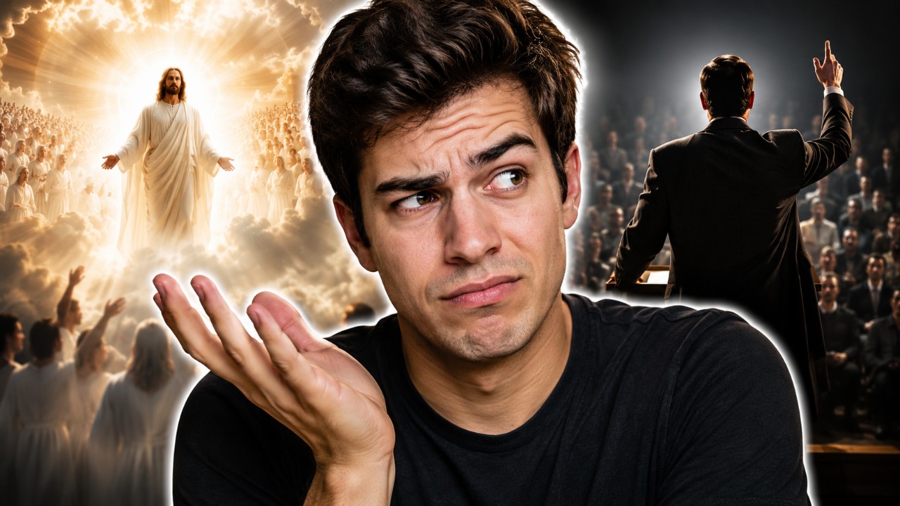A guy looking puzzled thinking, with Jesus in the background coming in clouds