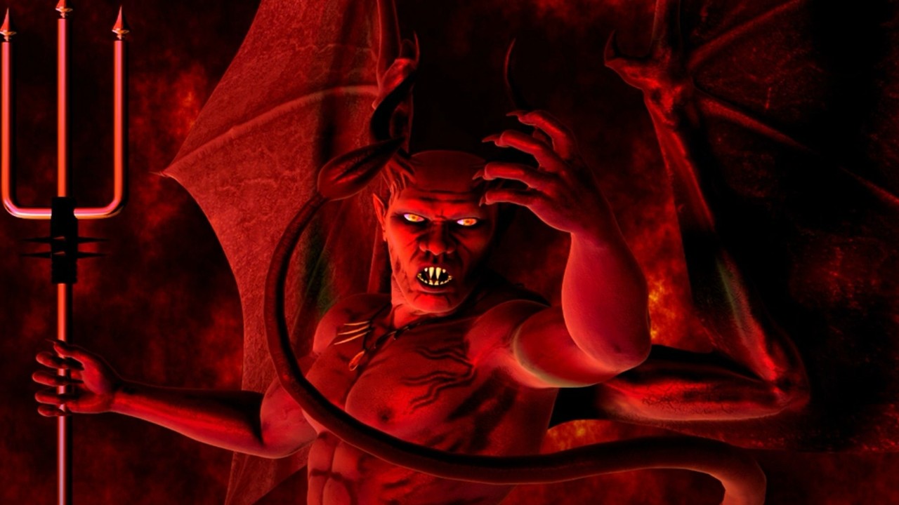 A caricature of Satan with red skin, horns, pitchfork, and claws
