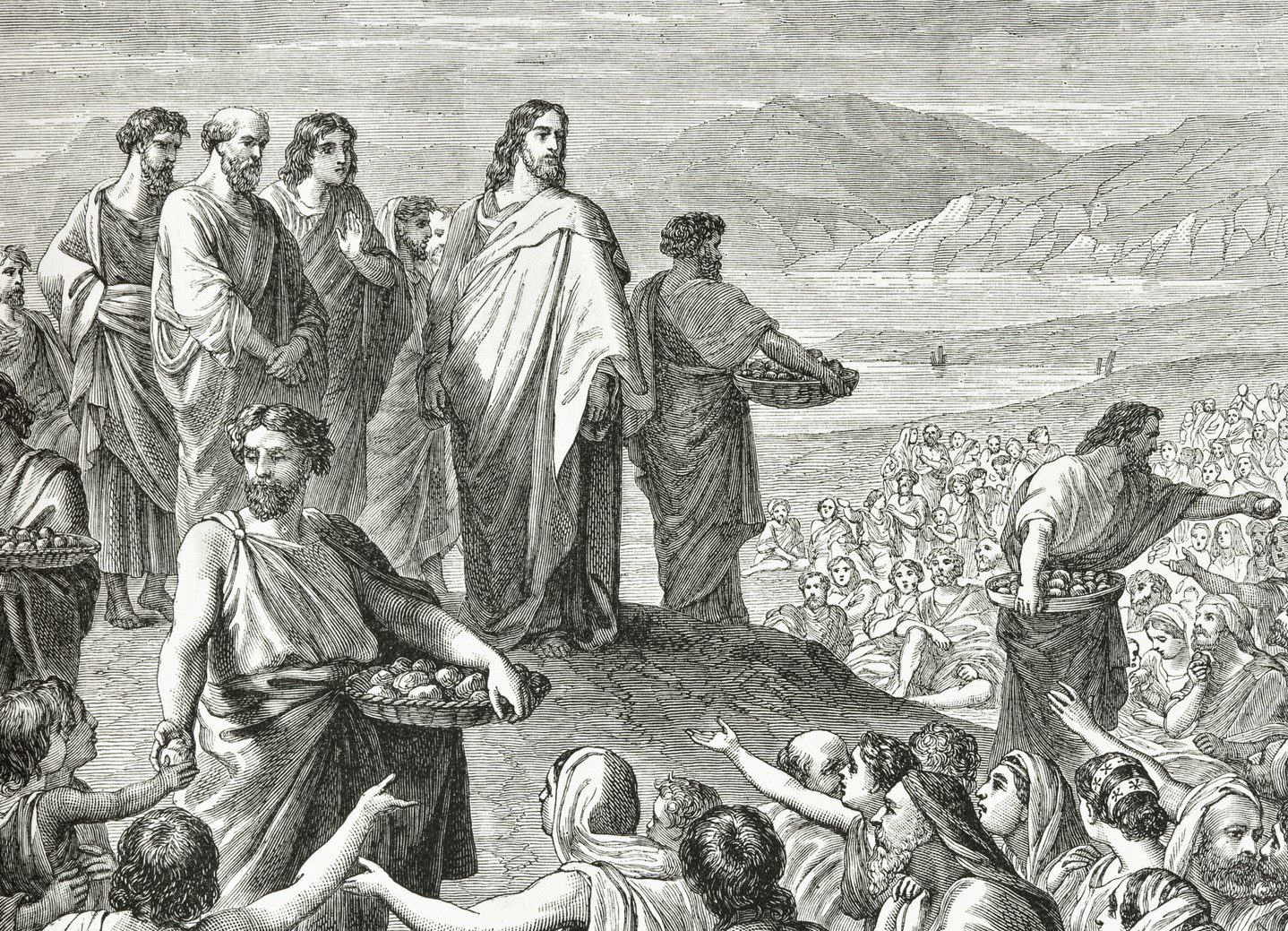 A black and white drawing of people gathered around jesus