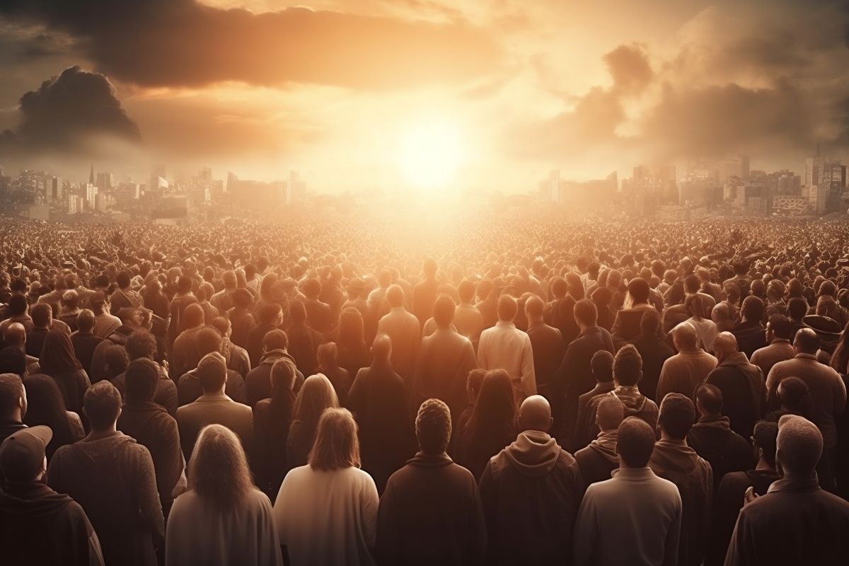 Crowd of people looking at bright light on the horizon