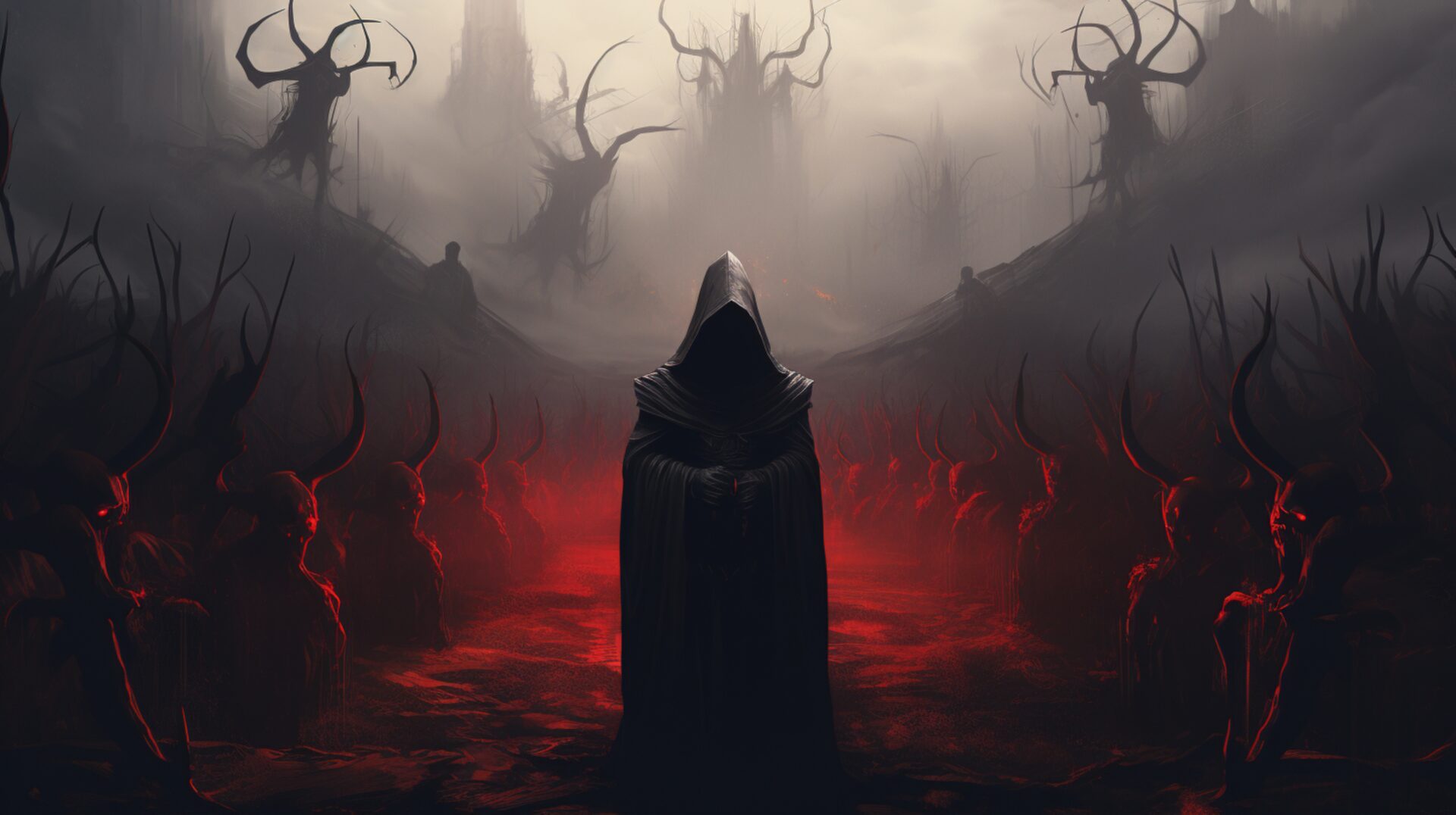 A hooded figure stands in front of some red and black horns.