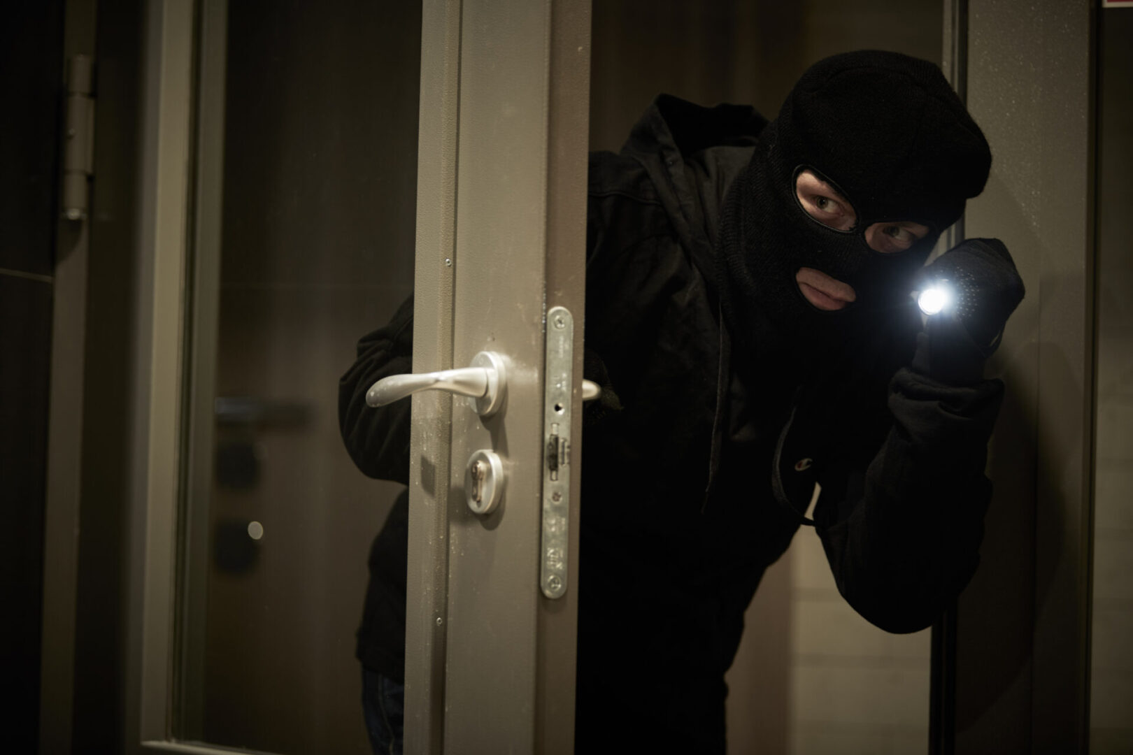 A person in black mask holding a flashlight.