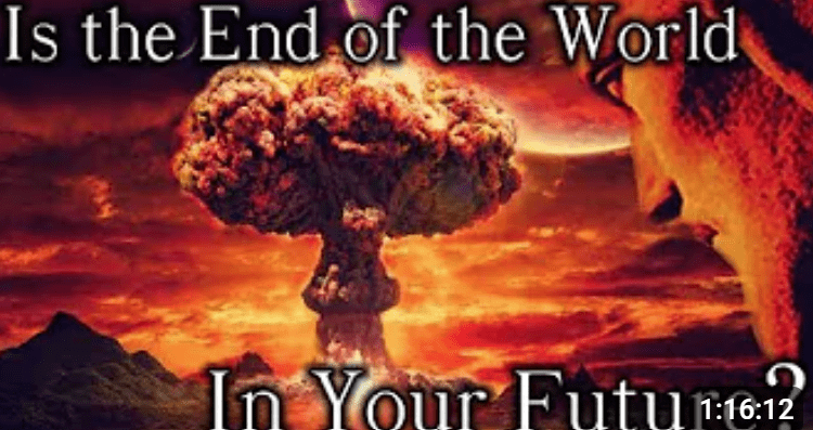 A picture of an explosion with the words " end of the world in your future ".