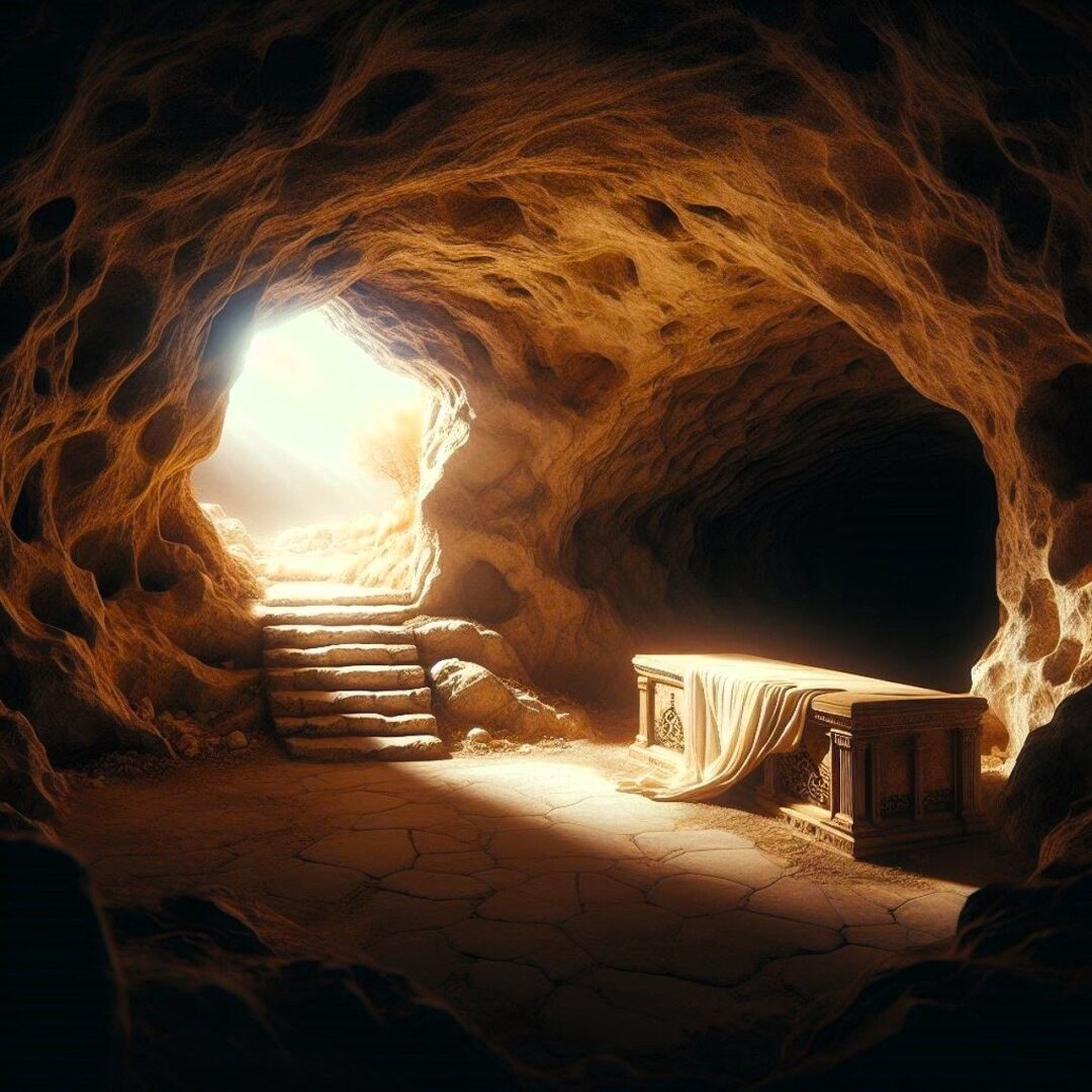 A cave with steps leading to the top of stairs.