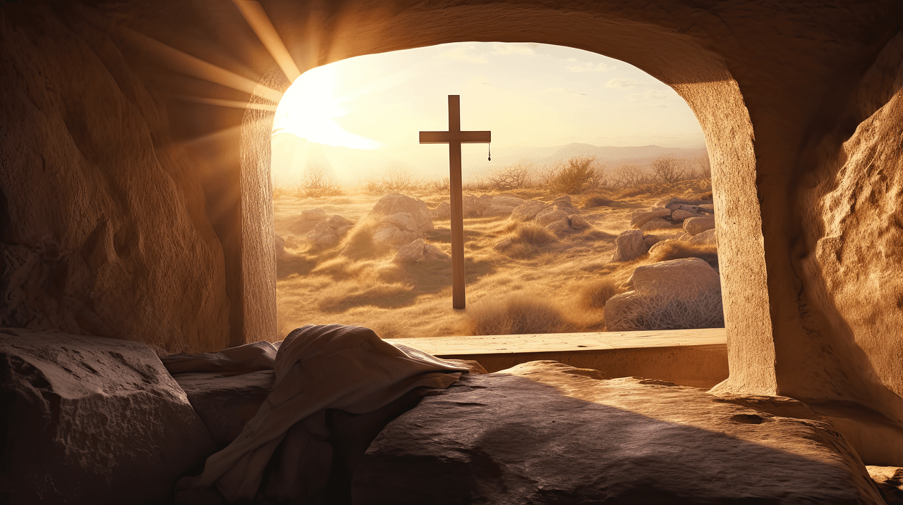 A cross is seen through the window of an open cave.