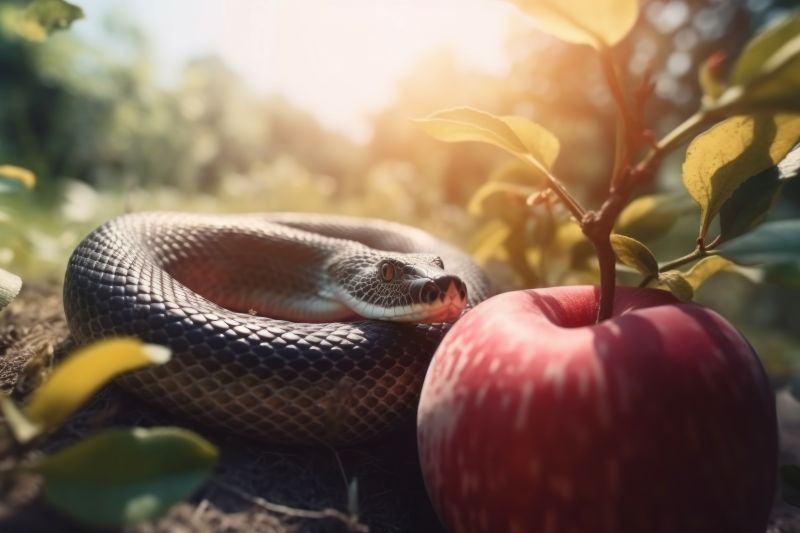 A curled up snake next to a red apple