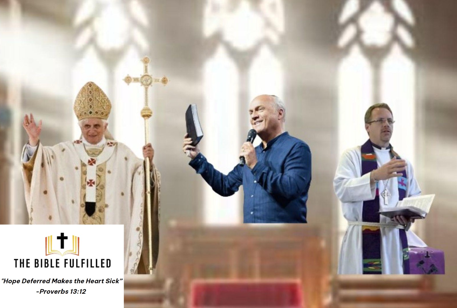 Picture of the Pope holding a staff, a Protestant preacher in a robe, and an evangelical holding a Bible preaching