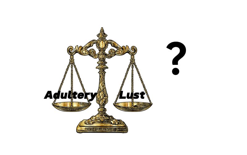 Balance scale with sin on one side and adultery on the other