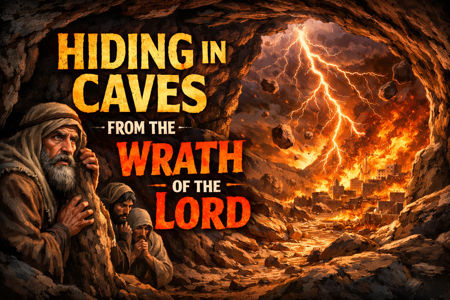 A depiction of ancient Jews hiding in a cave from the wrath of the Lord.