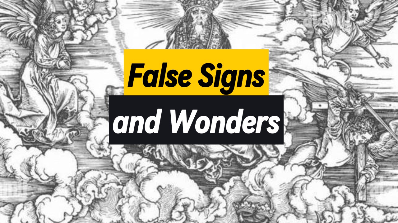 False Signs and Wonders A drawing of a magician with all kinds of supernatural signs and wonders happening all around him.