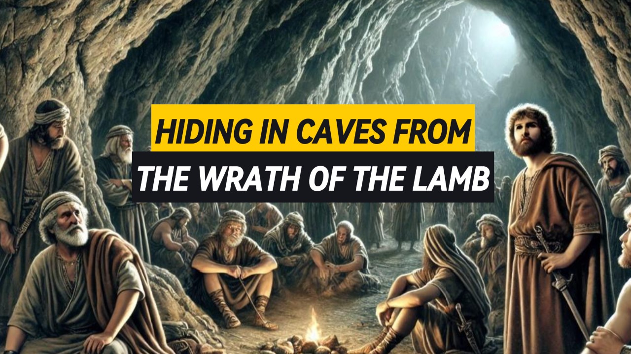 Picture of people hiding in caves from the wrath of the Lamb.