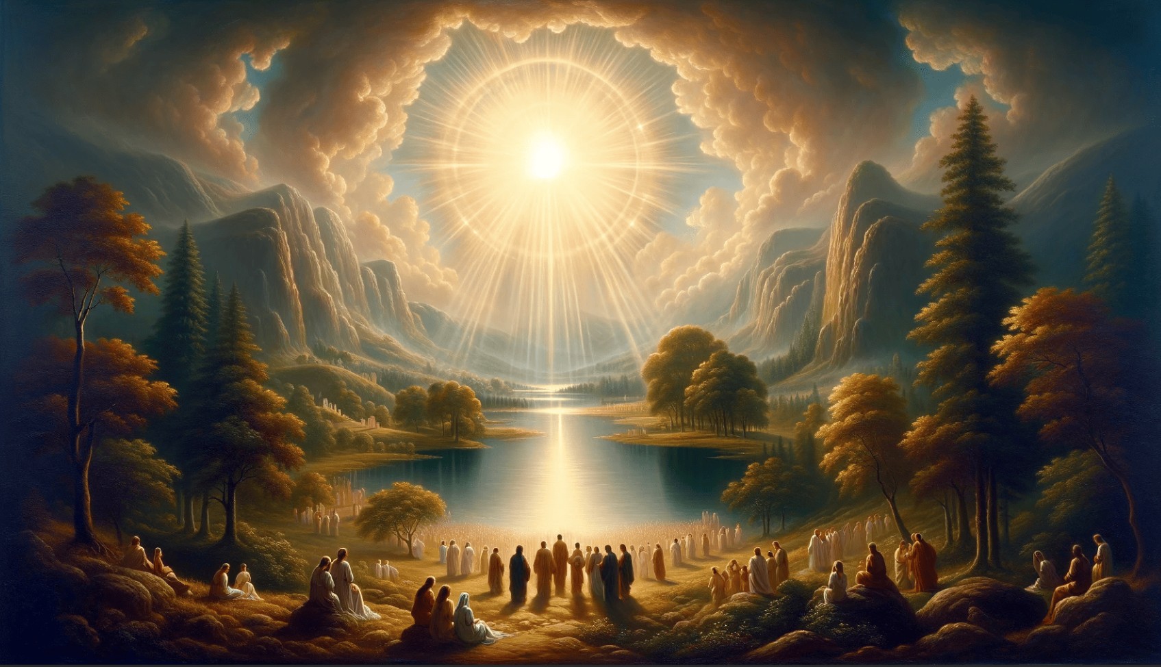 Kingdom of God A small lake with the bright sun shining through the clouds and reflecting off the lake. People are standing around enjoying the beauty.