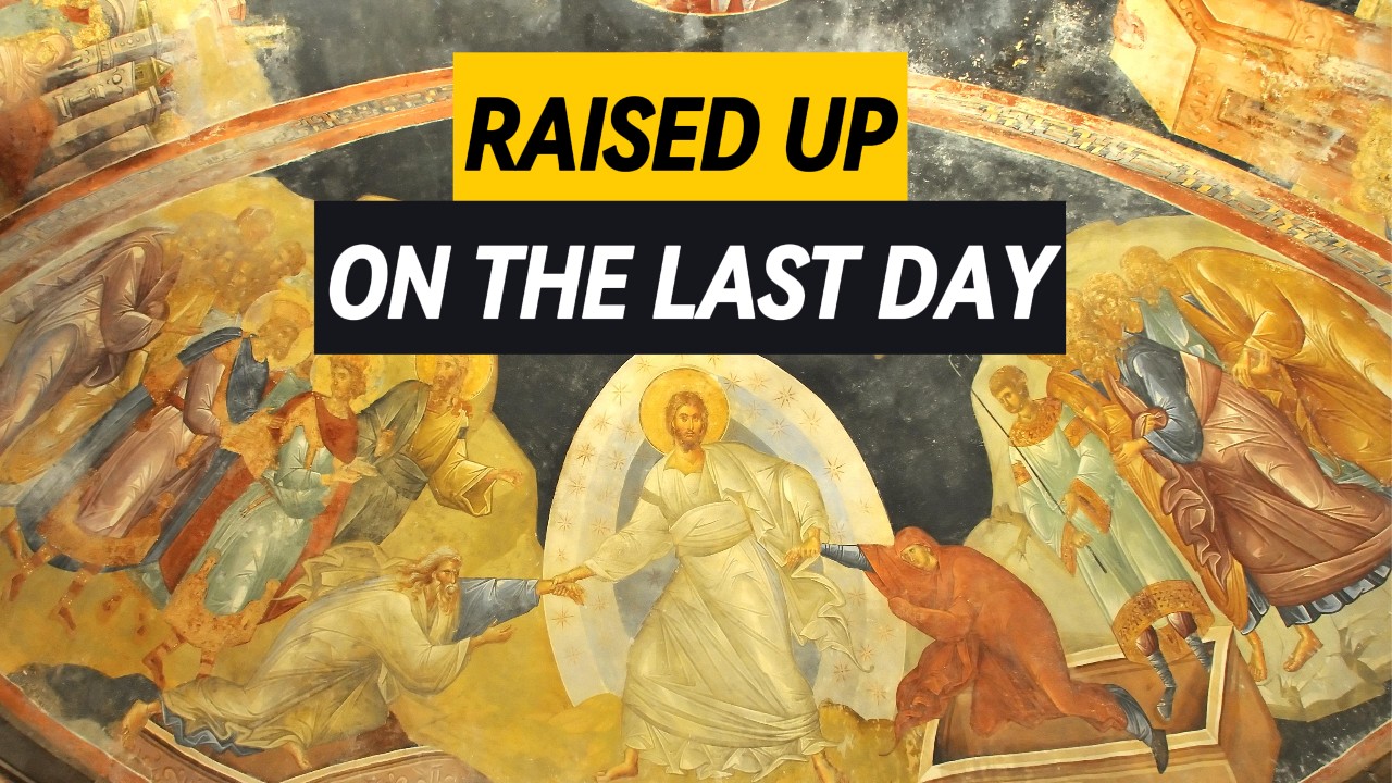 A mural showing Jesus holding hands with two men who are climbing out of their caskets.