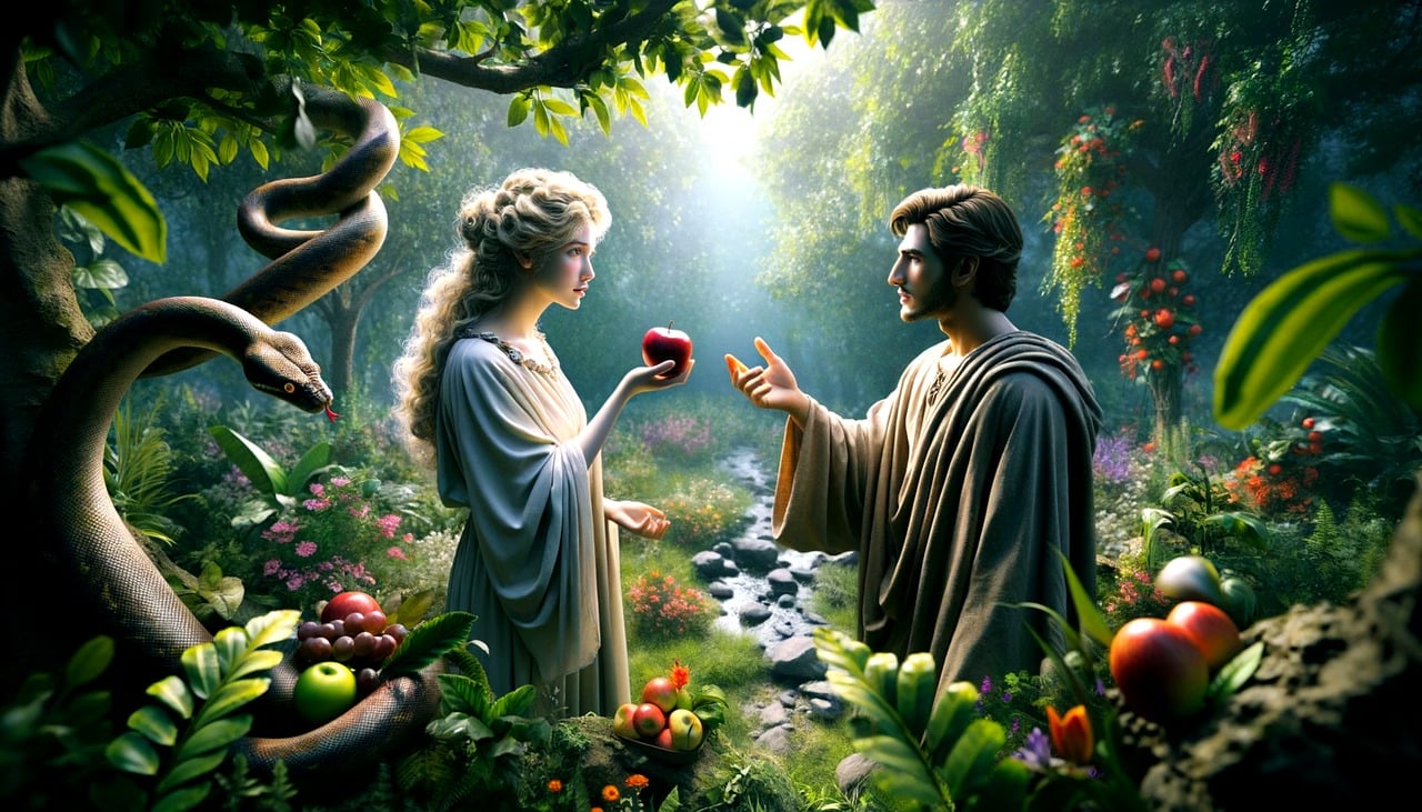 Eve handing Adam an apple with a twisted serpent behind eve.