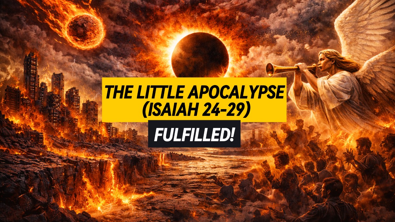 A depiction of a fiery apocalypse with flaming meteorites bombarding earth and red and yellow lava flowing and an angel blowing a trumpet, along with the words The Little Apocalypse Isaiah 24-29