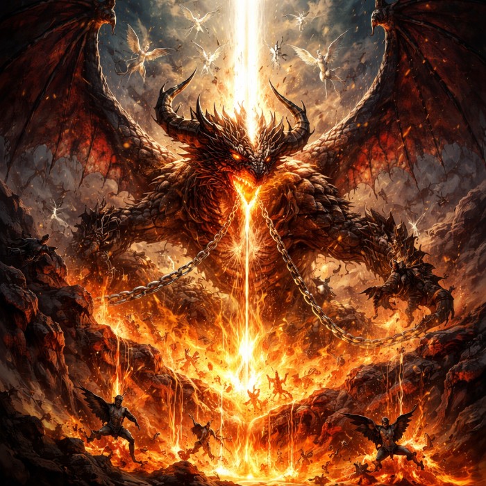 Depiction of Satan's final moments as angels surround him