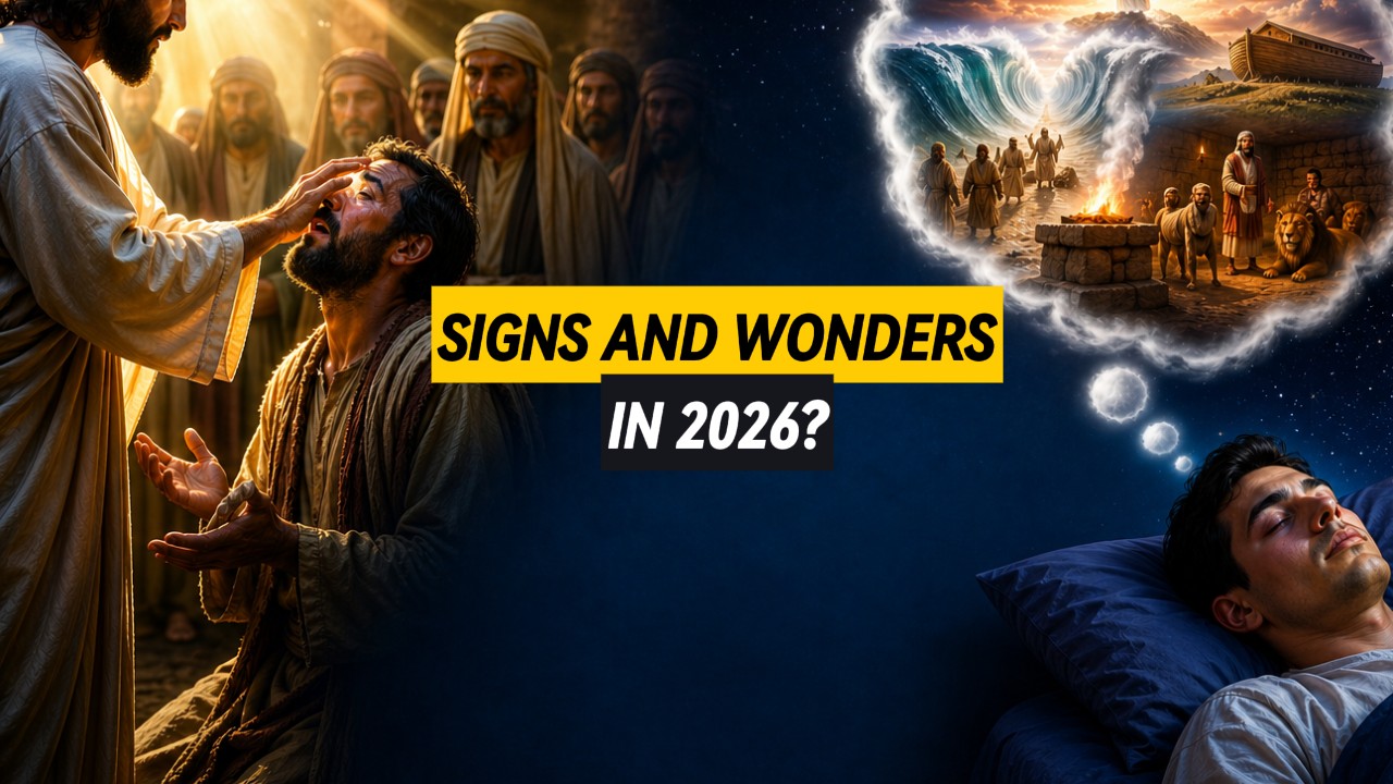 A depiction of a blind person being supernaturally healed along with a person dreaming a heavenly vision, along with the words "Signs and wonders in 2026?"