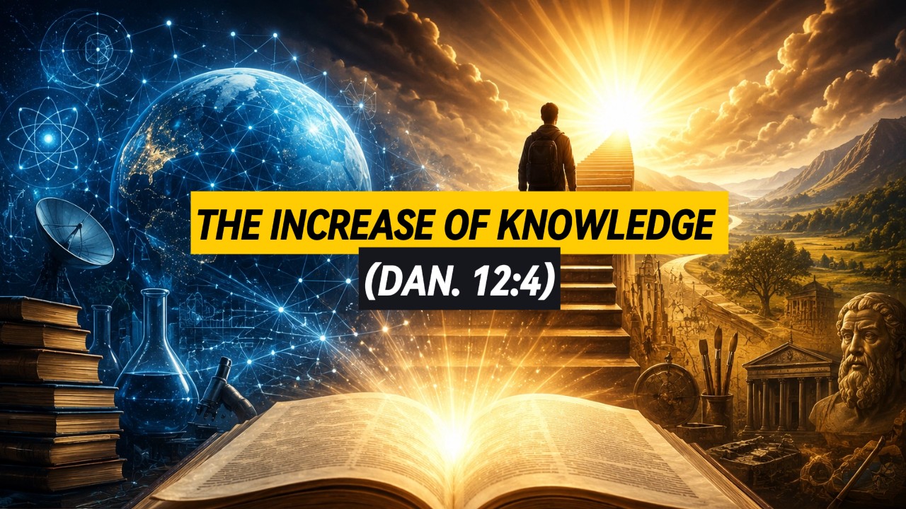 A depiction of knowledge including books, technology, medicine along with a man walking up a stairway to heaven.