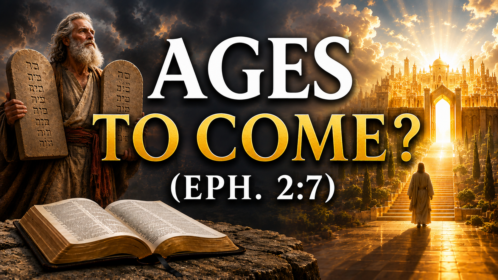 Depiction of Old Covenant age with Moses holding the 10 commandments...next to the new covenant age with the New Jerusalem.
