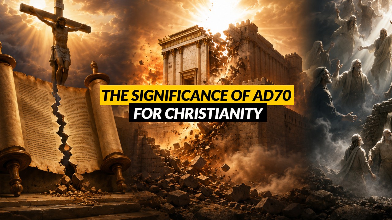Depiction of Jesus hanging on the cross, an Old Covenant scroll ripping in half, the destruction of Herod's Temple, and old covenant saints rising out of Hades into God's presence