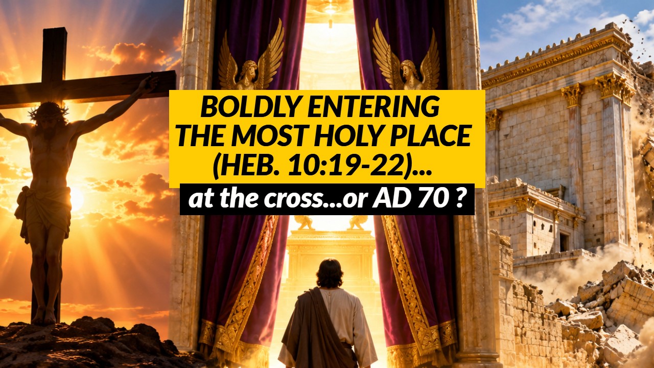 A person entering the Most Holy Place...with the cross on the left and a destroyed temple on the right
