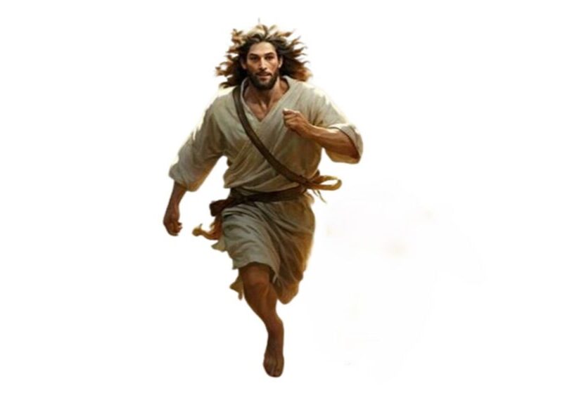 A man running in the air with long hair.