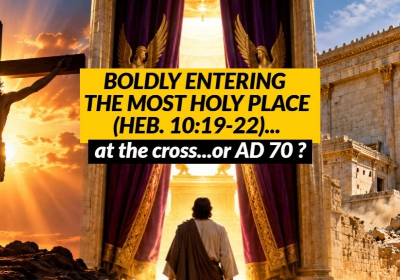 A person entering the Most Holy Place...with the cross on the left and a destroyed temple on the right