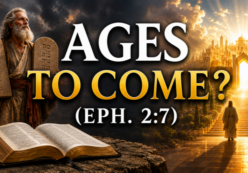 Depiction of Old Covenant age with Moses holding the 10 commandments...next to the new covenant age with the New Jerusalem.