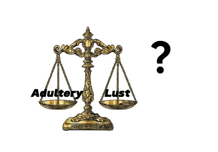 Balance scale with sin on one side and adultery on the other