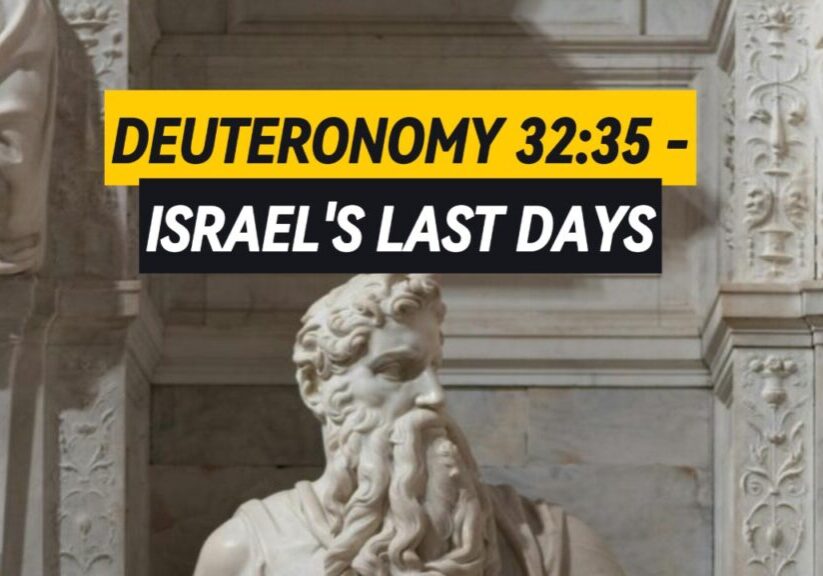 Picture of a statue of Moses with the following words superimposed: Deuteronomy 32:35 - Israel's last days.