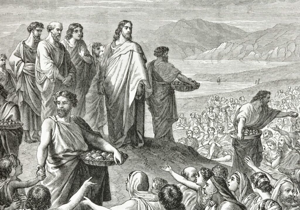 A black and white drawing of people gathered around jesus