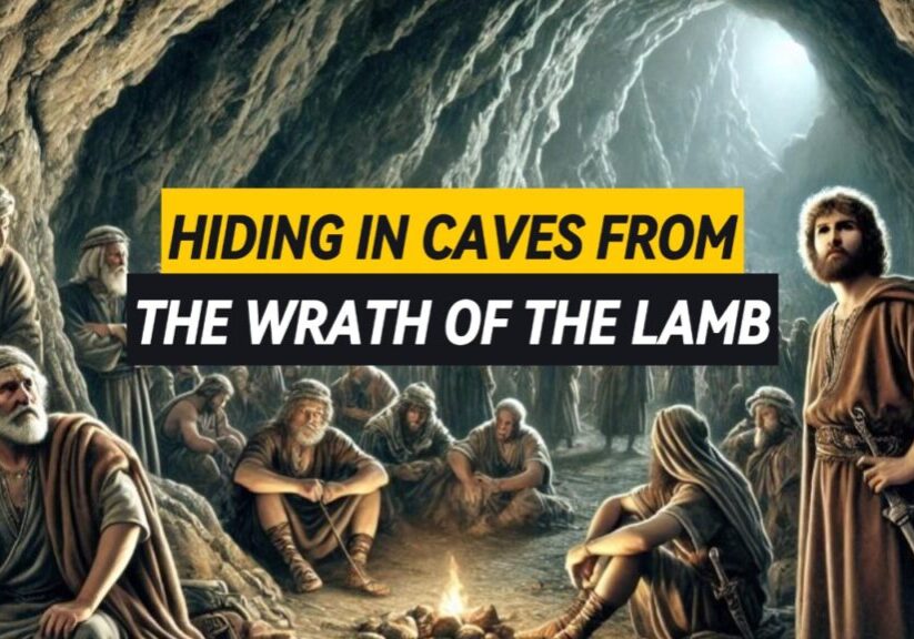 Picture of people hiding in caves from the wrath of the Lamb.