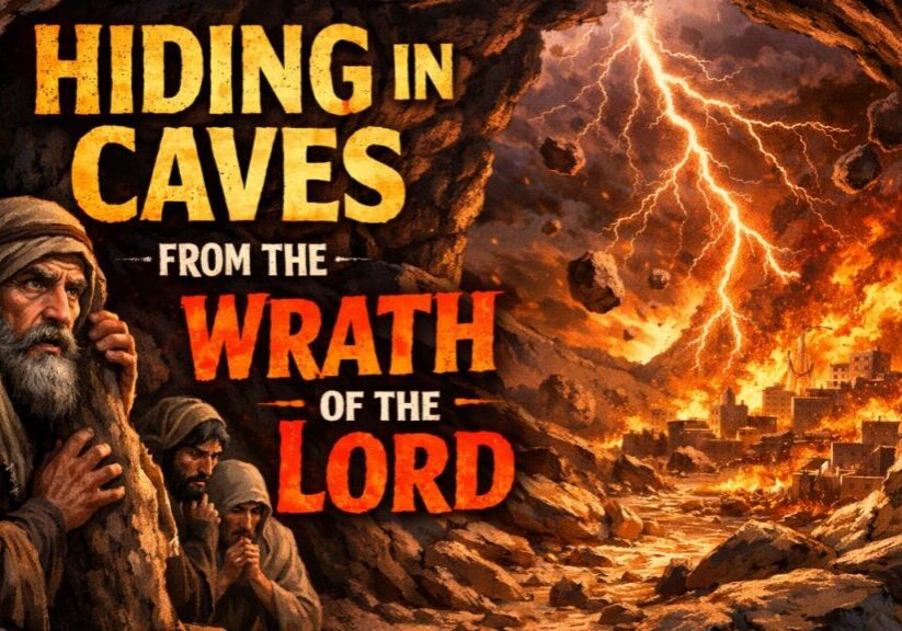 People hiding in a cave while lightning and brimstone rains down outside