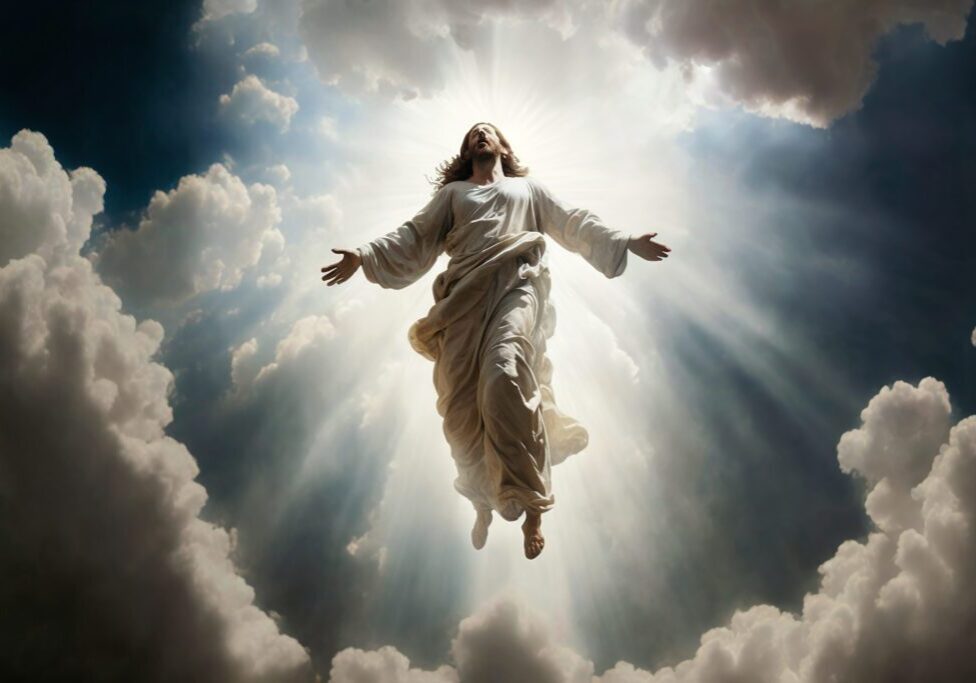 Jesus Christ ascending to heaven, bright light sky, resurrection, easter, AI-generated