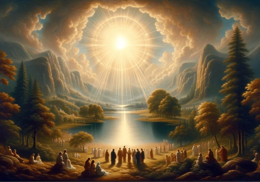 Kingdom of God A small lake with the bright sun shining through the clouds and reflecting off the lake. People are standing around enjoying the beauty.