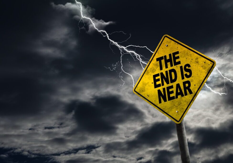 End,Is,Near,Sign,Against,A,Stormy,Background,With,Lightning