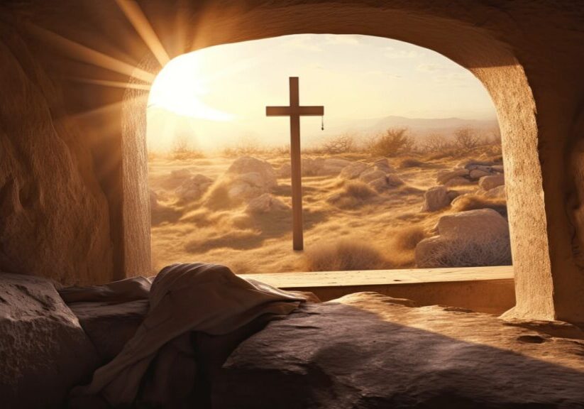 Picture taken from inside a tomb looking outside and seeing a cross and bright light
