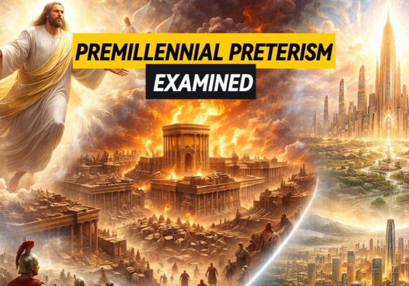 Depiction of the 1000-year millennium, including Jesus' coming, the destruction of the temple, and the new Jerusalem, along with a banner saying "premillennial preterism examined"