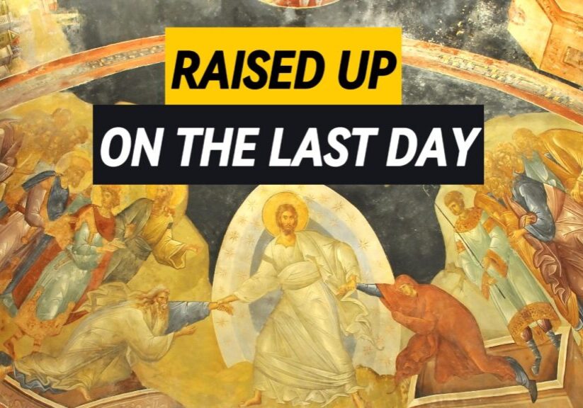 Raised Up on the Last Day A mural showing Jesus holding hands with two men who are climbing out of their caskets.