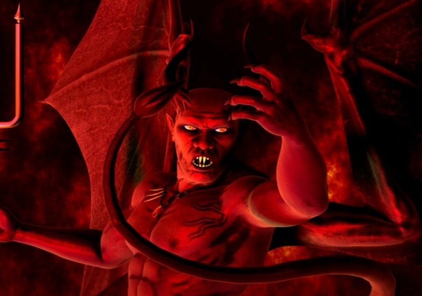 A caricature of Satan with red skin, horns, pitchfork, and claws