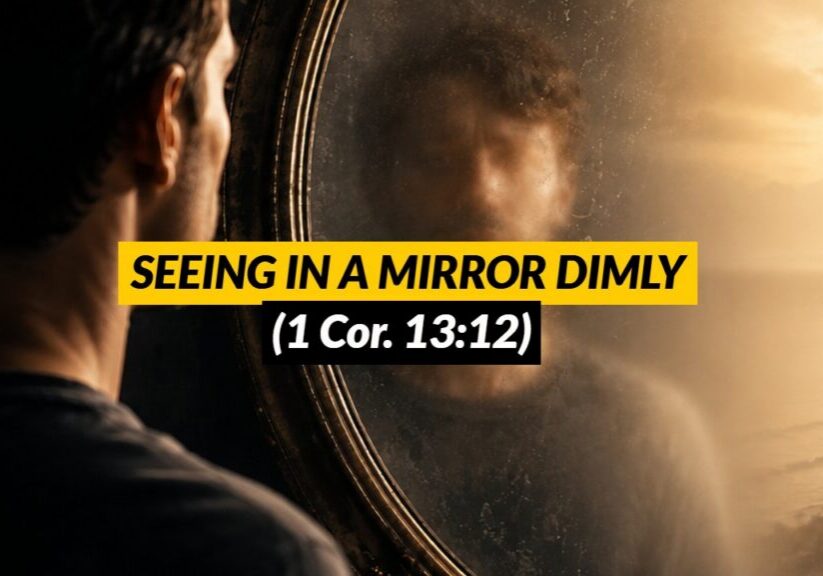 A man looking at his dim reflection in a mirror