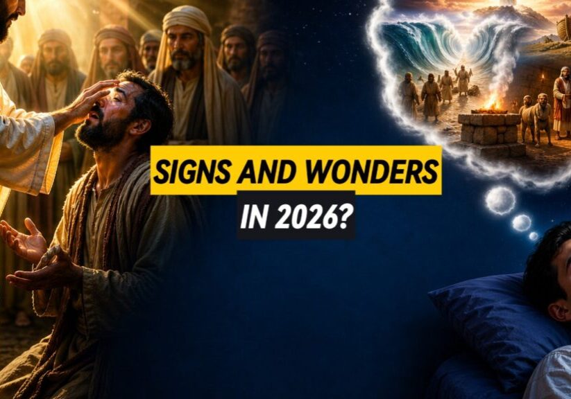 A depiction of a blind person being supernaturally healed along with a person dreaming a heavenly vision, along with the words "Signs and wonders in 2026?"