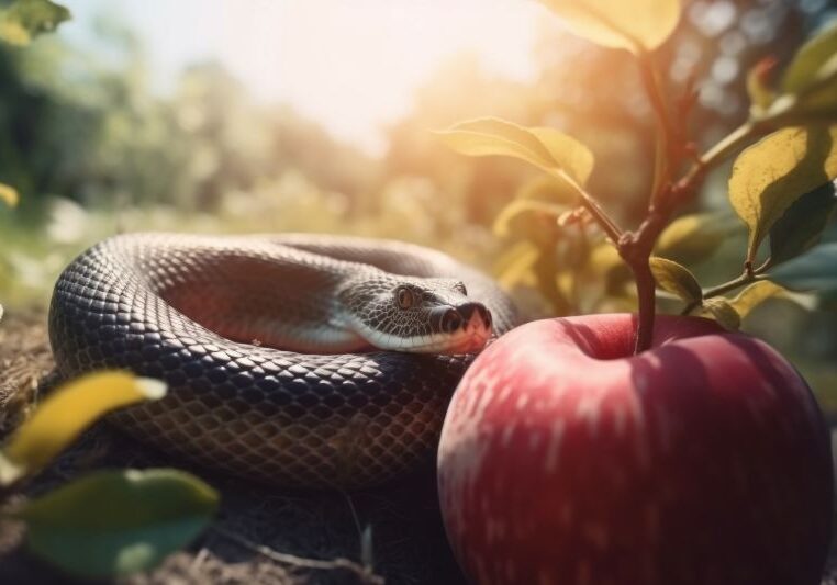 A curled up snake next to a red apple