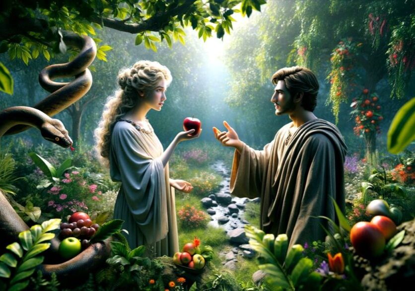 Eve handing Adam an apple with a twisted serpent behind eve.
