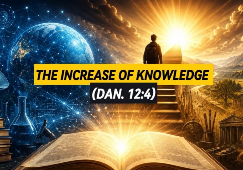 A depiction of knowledge including books, technology, medicine along with a man walking up a stairway to heaven.