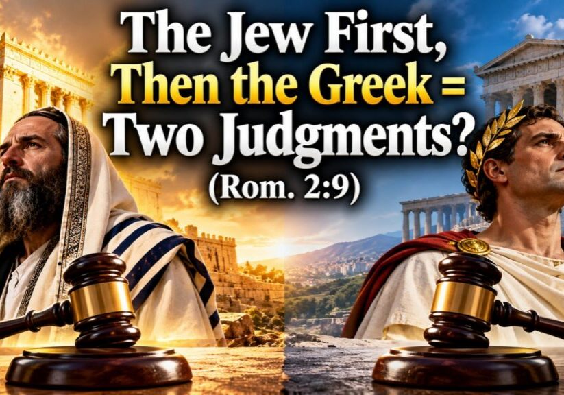 Depiction of the Jew looking left and a Gentile looking right, along with a pair of judgment gavels