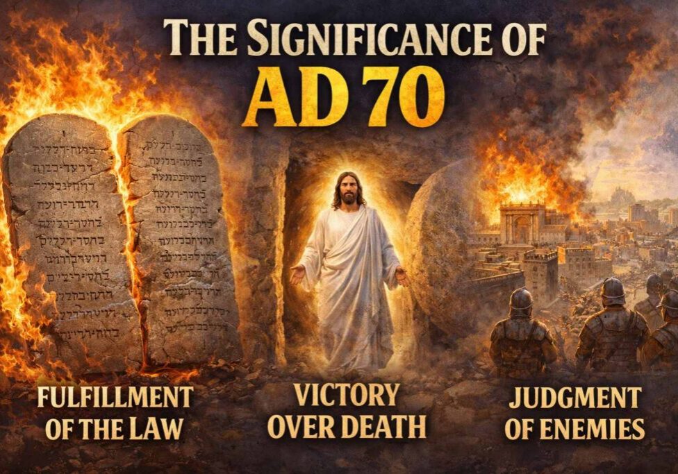 A depiction of the ten commandment stone tablets, Jesus defeating death, and the judgment of Jerusalem in AD 70.