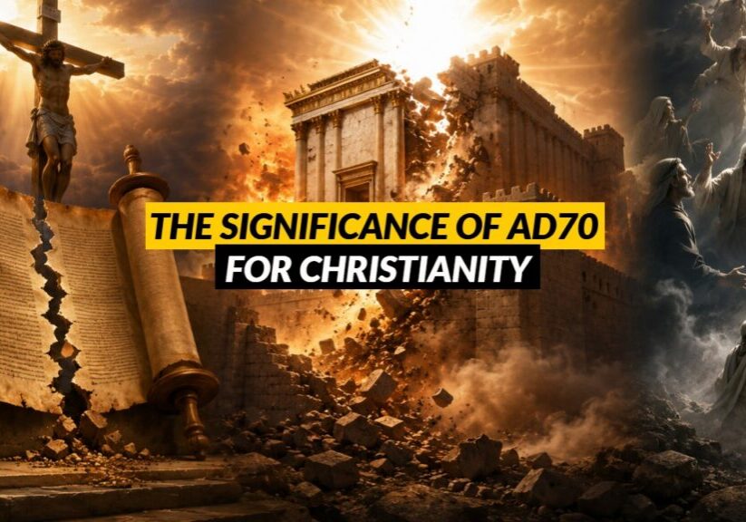 Depiction of Jesus hanging on the cross, an Old Covenant scroll ripping in half, the destruction of Herod's Temple, and old covenant saints rising out of Hades into God's presence