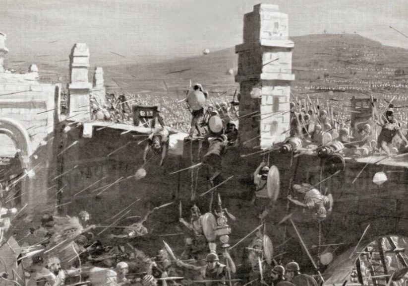 Roman armies shooting arrows over the wall surrounding Jerusalem during the war of AD 70.