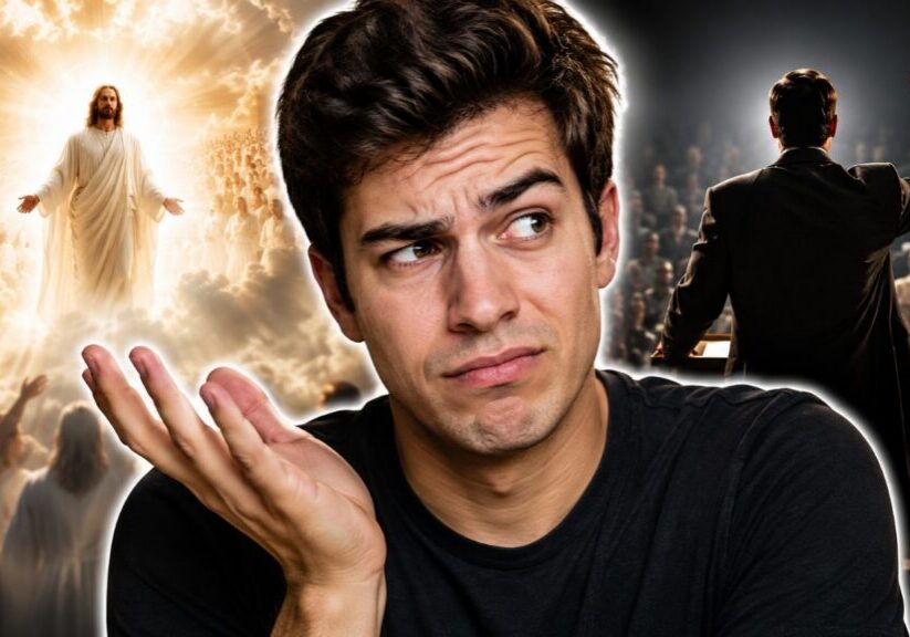 A guy looking puzzled thinking, with Jesus in the background coming in clouds